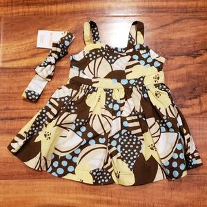 Gymboree NWT 3-6 months brown/yellow tropical flower dress and matching headband